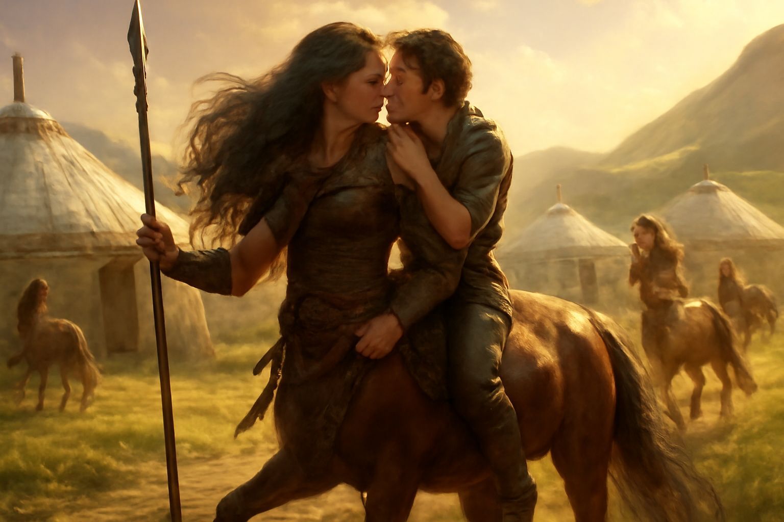 Romantic Centaur Embrace in Steppe Village