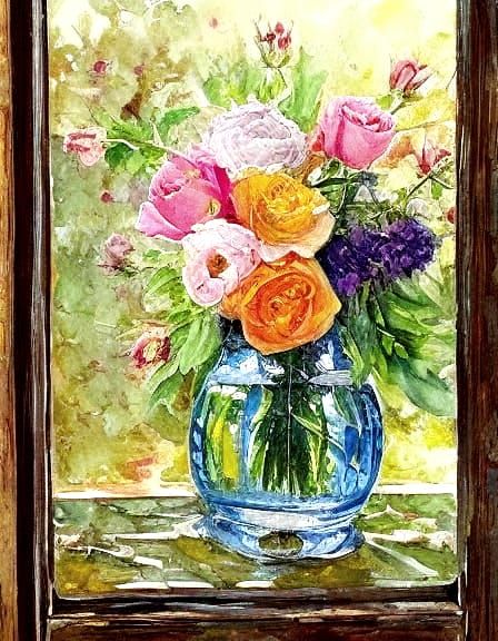 Watercolor Vase with Roses and Open Window