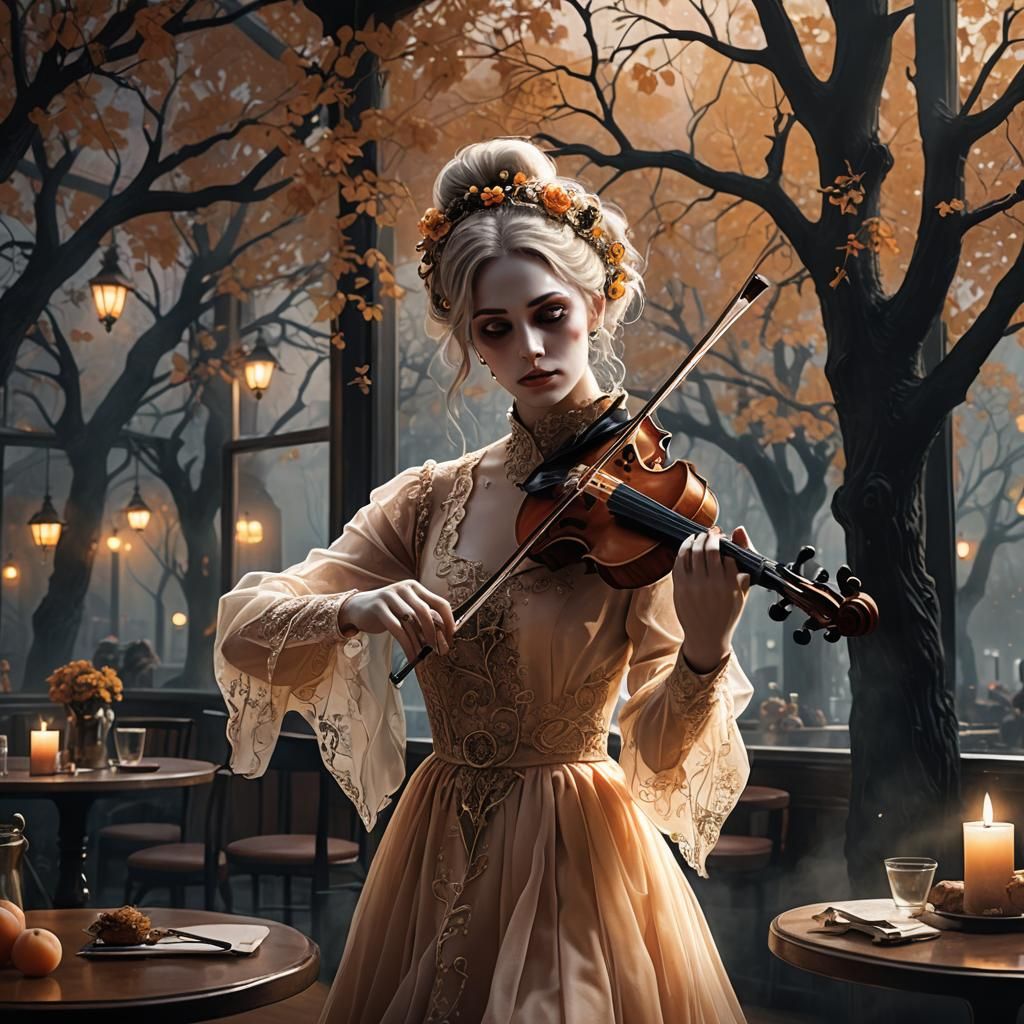 Ghostly Violinist in Mystical Cafe: Digital Art