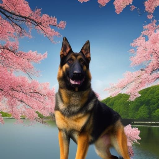 German Shepherd dog with lakeside background& Beautiful Cherry blossom trees& Beautiful blue skies