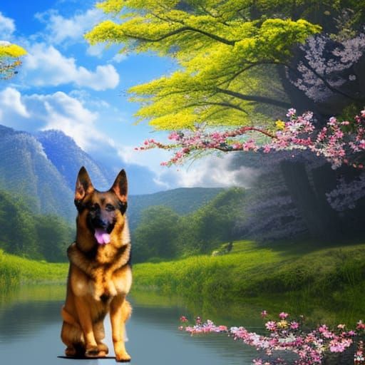 German Shepherd dog with lakeside background& Beautiful Cherry blossom trees& Beautiful blue skies