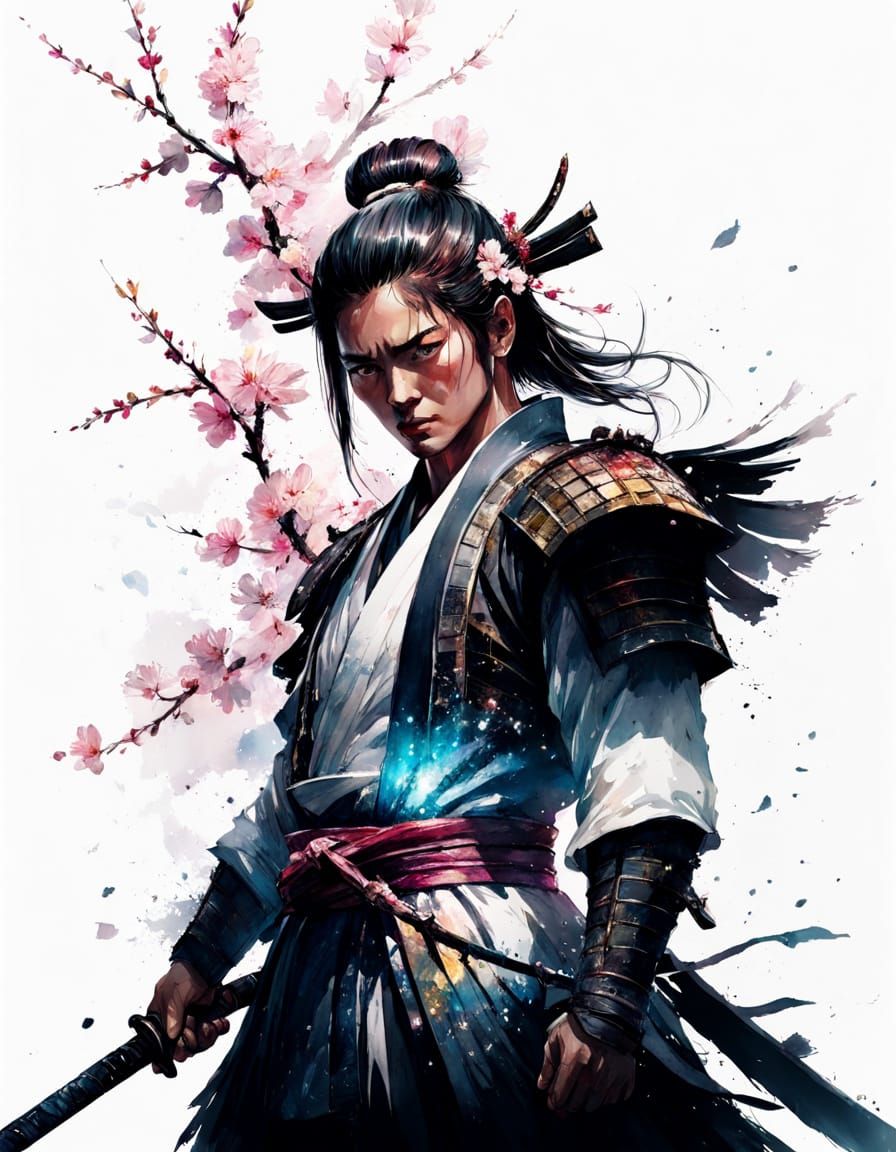Shogun Silhouette with Cherry Blossoms and Japanese Landscap...
