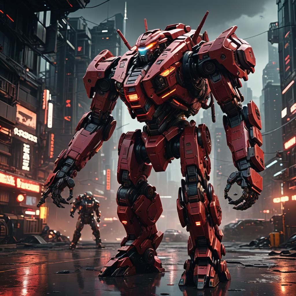 Crimson Typhoon: Agile Mech in Sci-Fi Scene