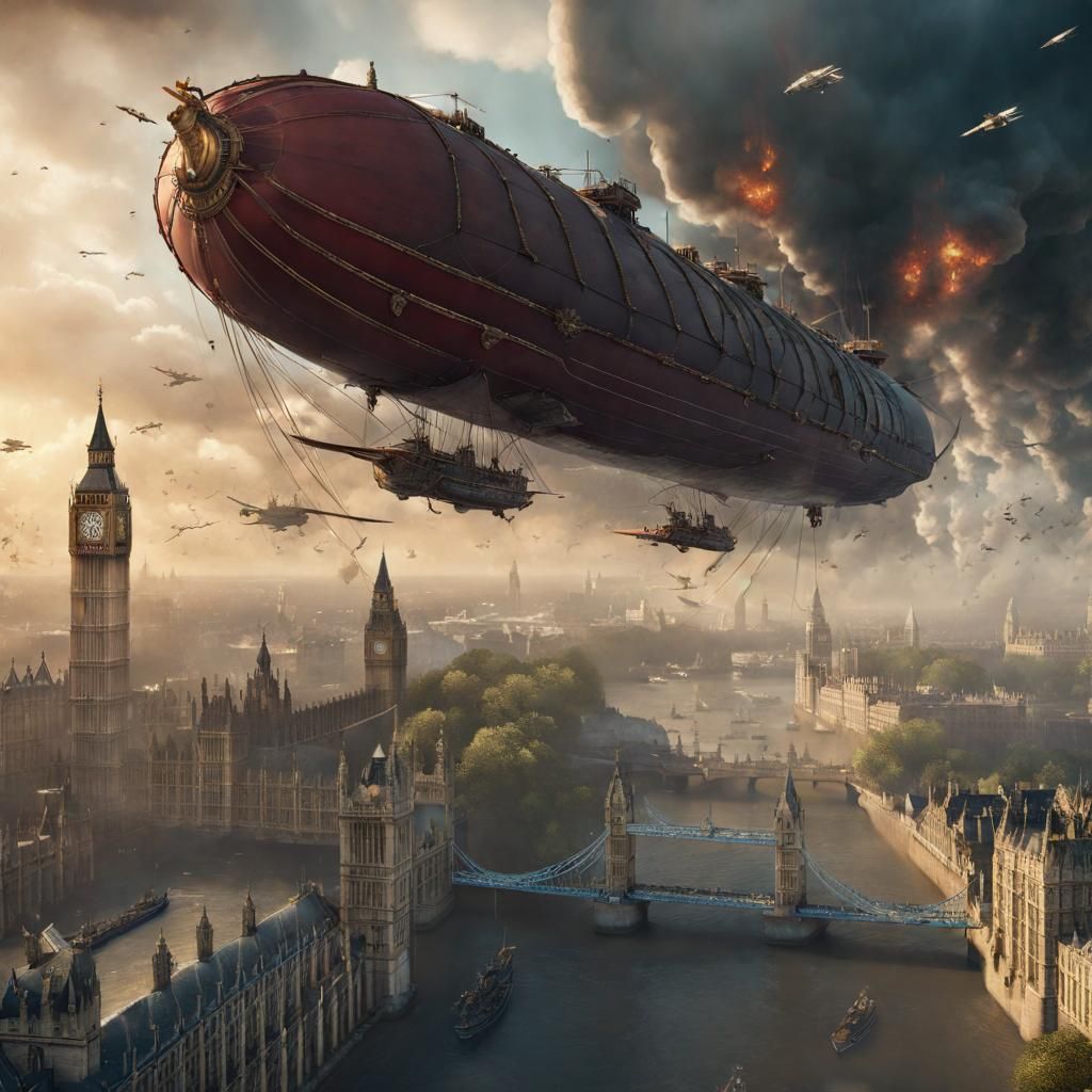 Airship Dogfight Over London: Detailed Matte Painting