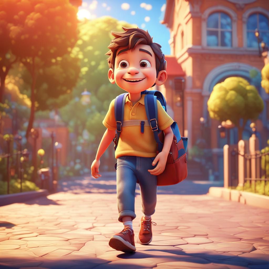 Happy Boy Going to School in Pixar Style
