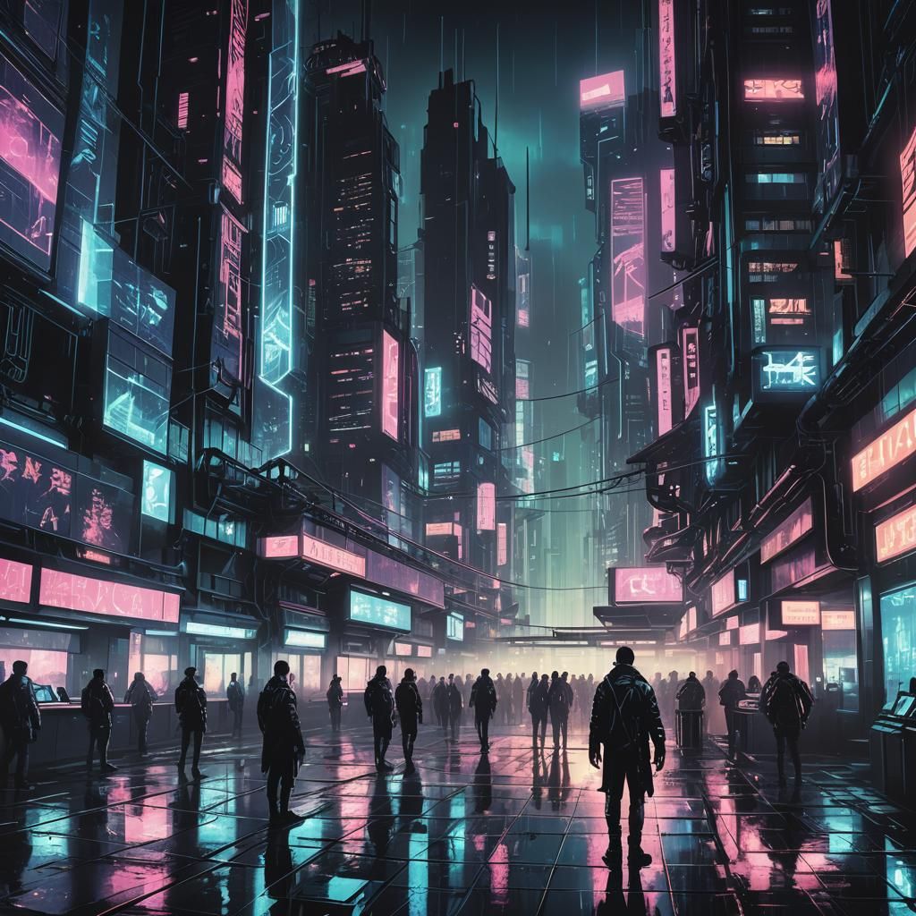Neon-Lit Cyberpunk Stock Trading Floor Concept Art