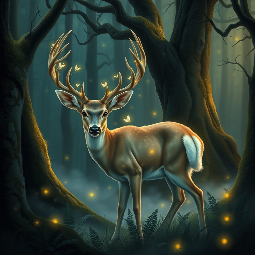 Mystical White-Tailed Deer in Twilight Forest