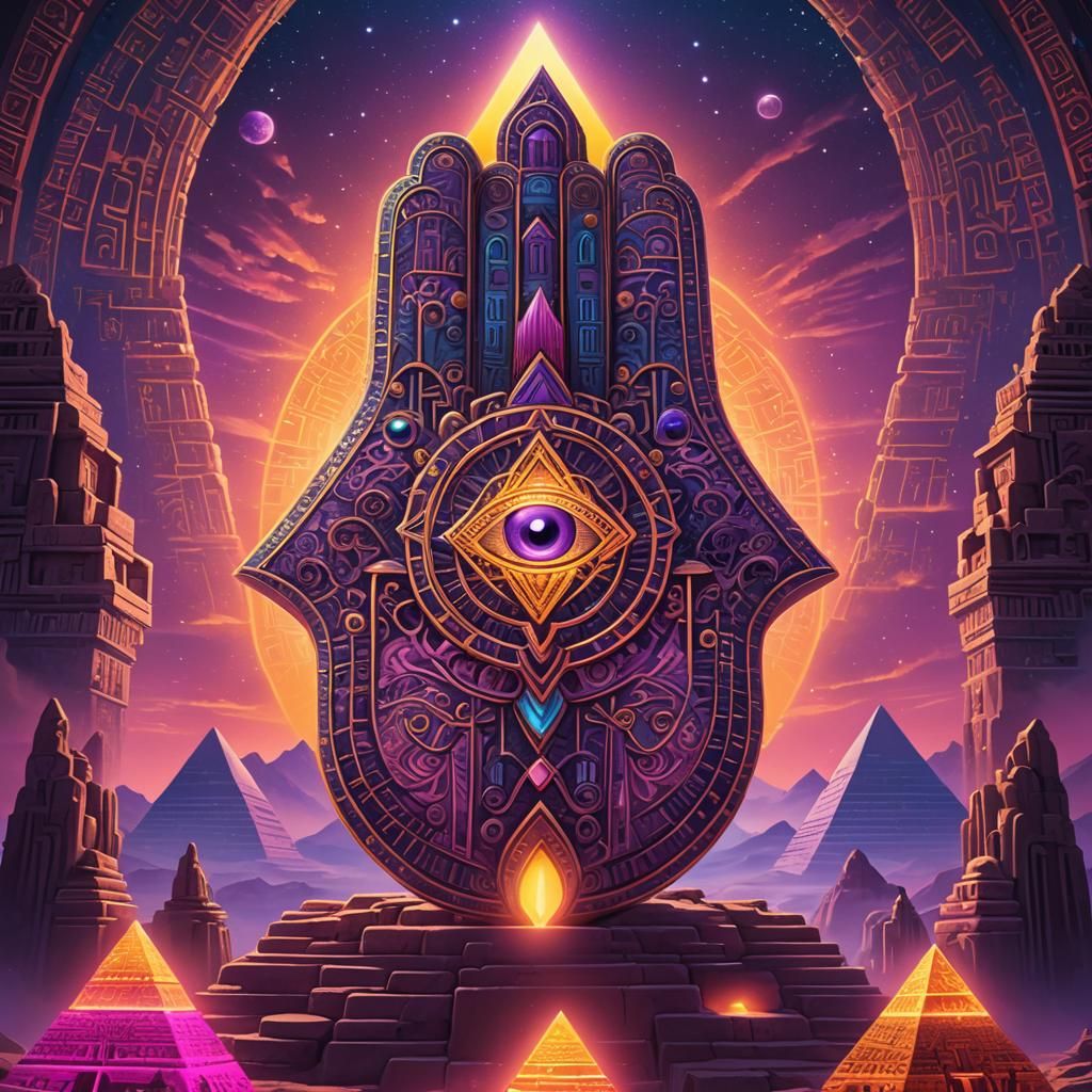 Glowing Hamsa Hand in Pyramid: Fantasy Concept Art