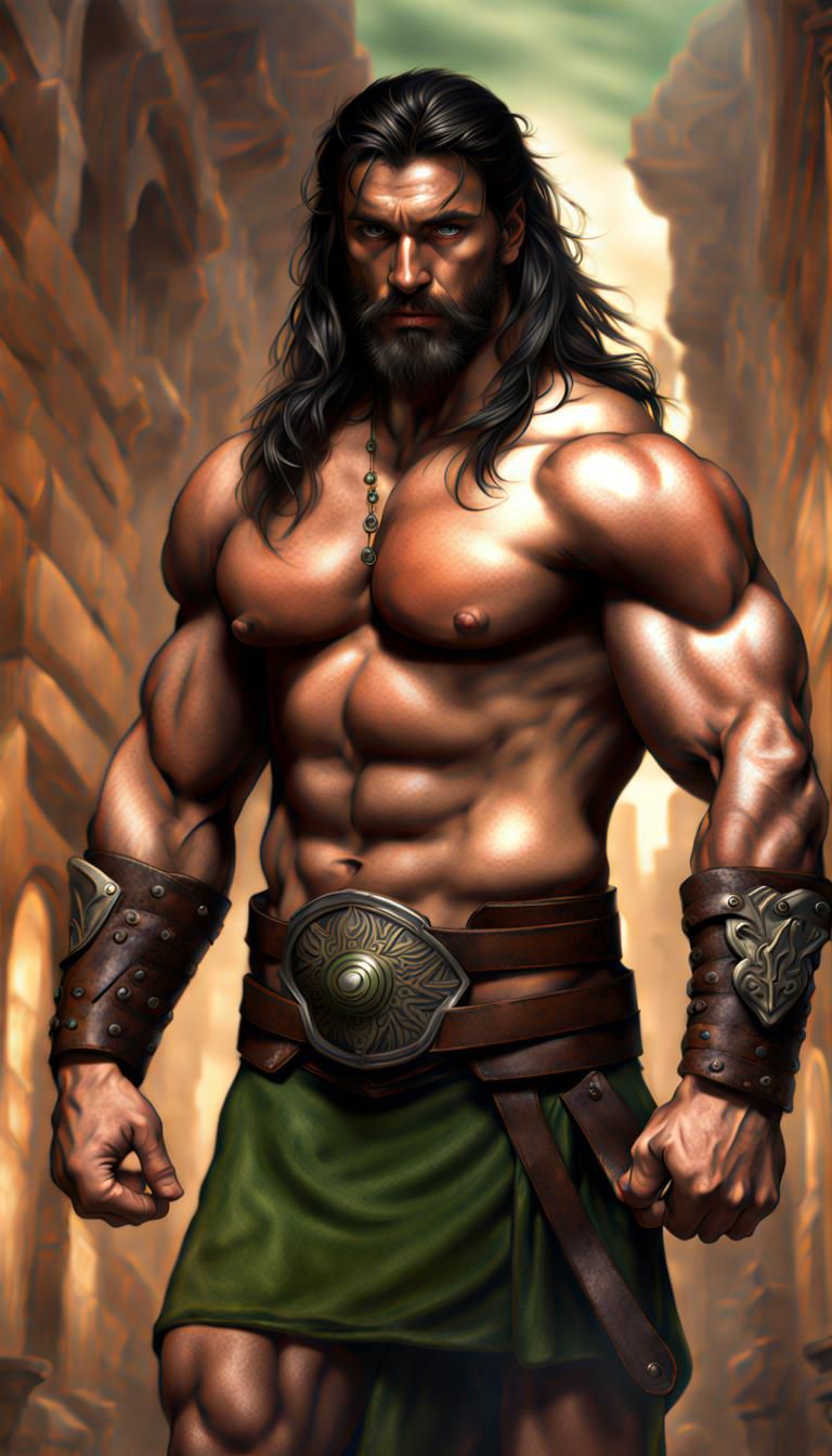 Handsome Muscular Warrior with Black Beard, Photorealistic