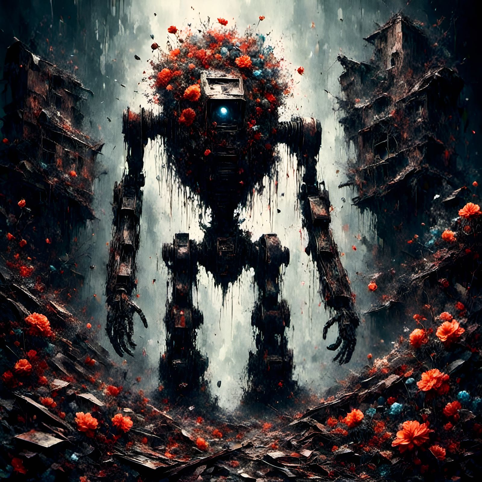 Robot and Flower: A Hypermaximalist Painting