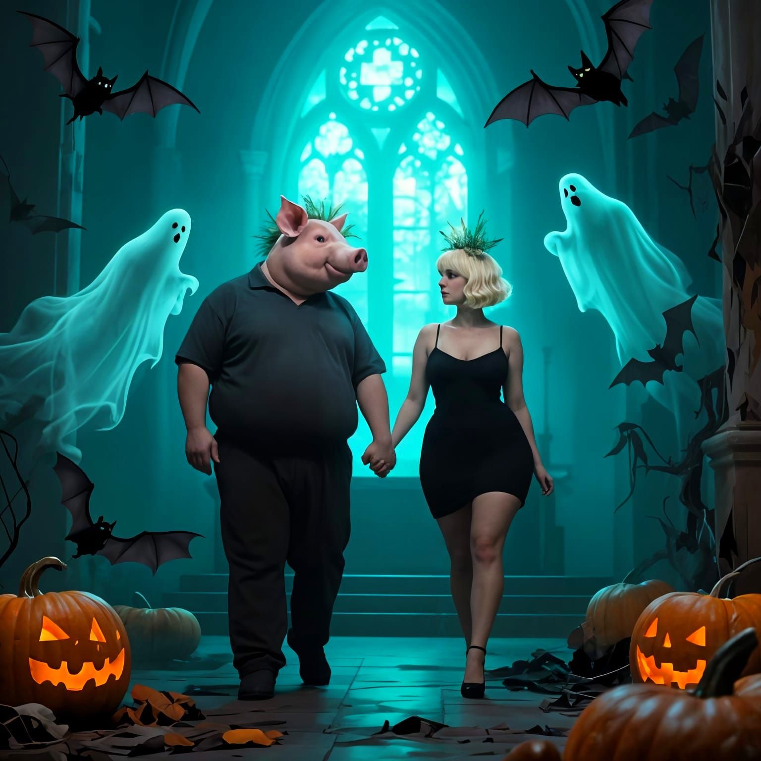 Loving Couple with Pig Head and Ghosts in Luminescent Chapel
