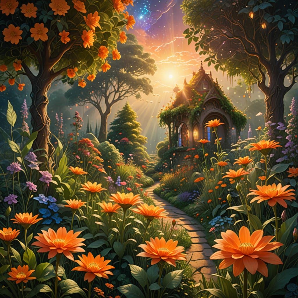 Ethereal Fantasy Garden in Golden Light