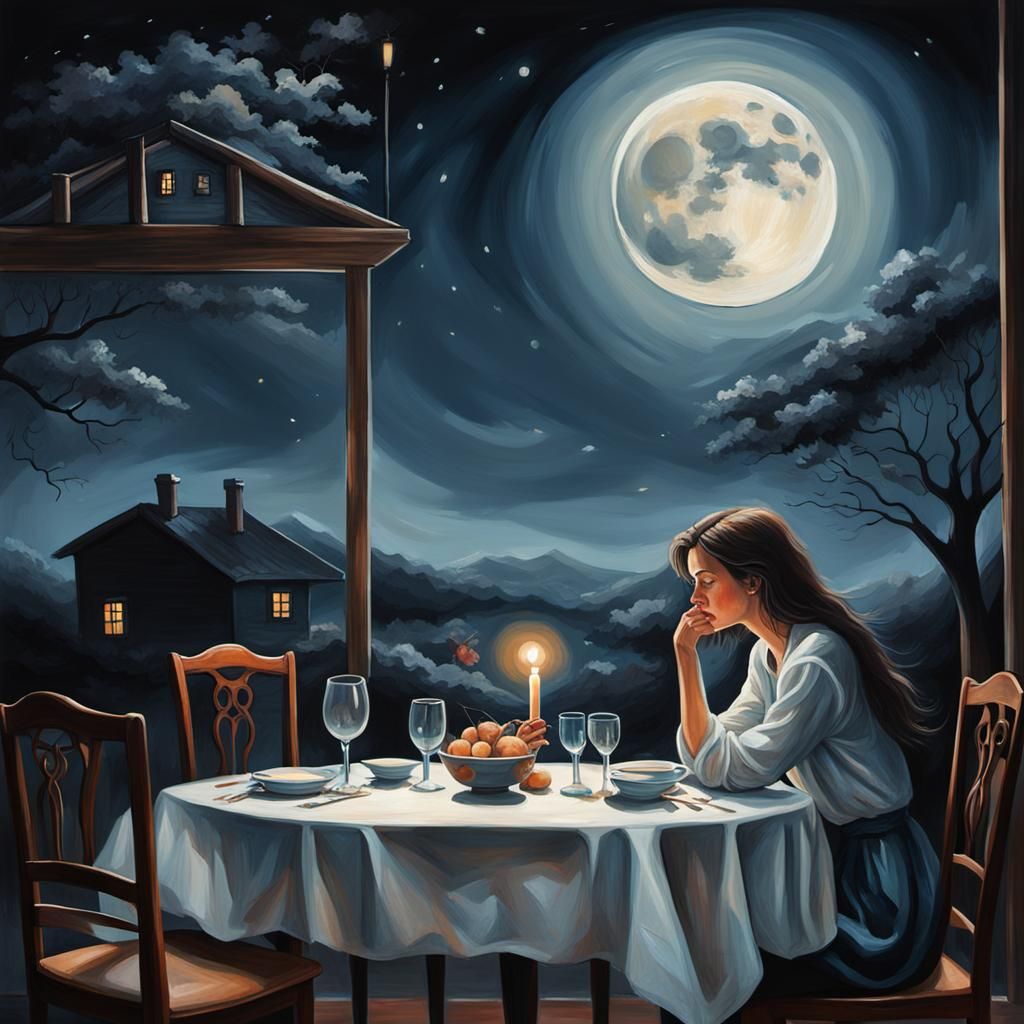 Lonely Woman at Dinner Under Moonlit Painting