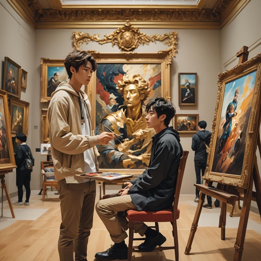 Anime Style Museum Scene with Vivid Painting