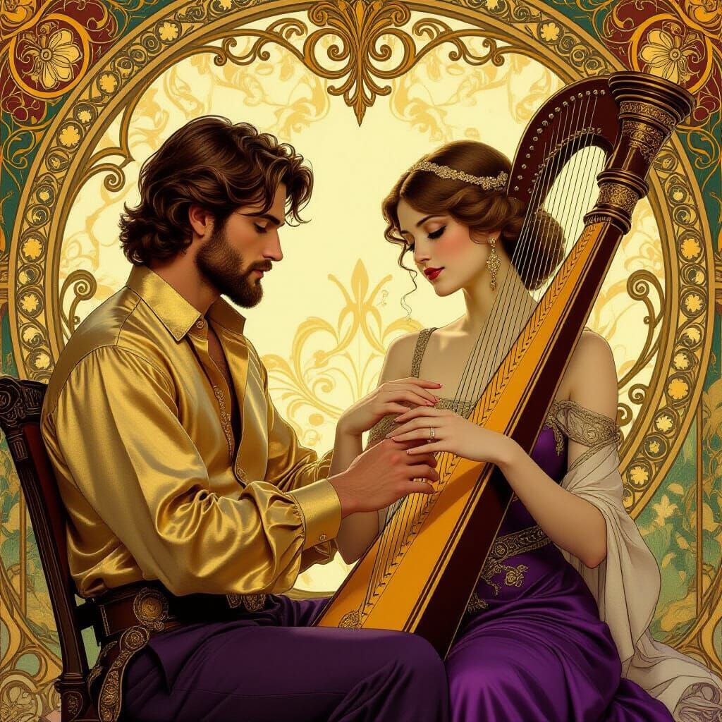 Captivating Harpist in Art Nouveau Style