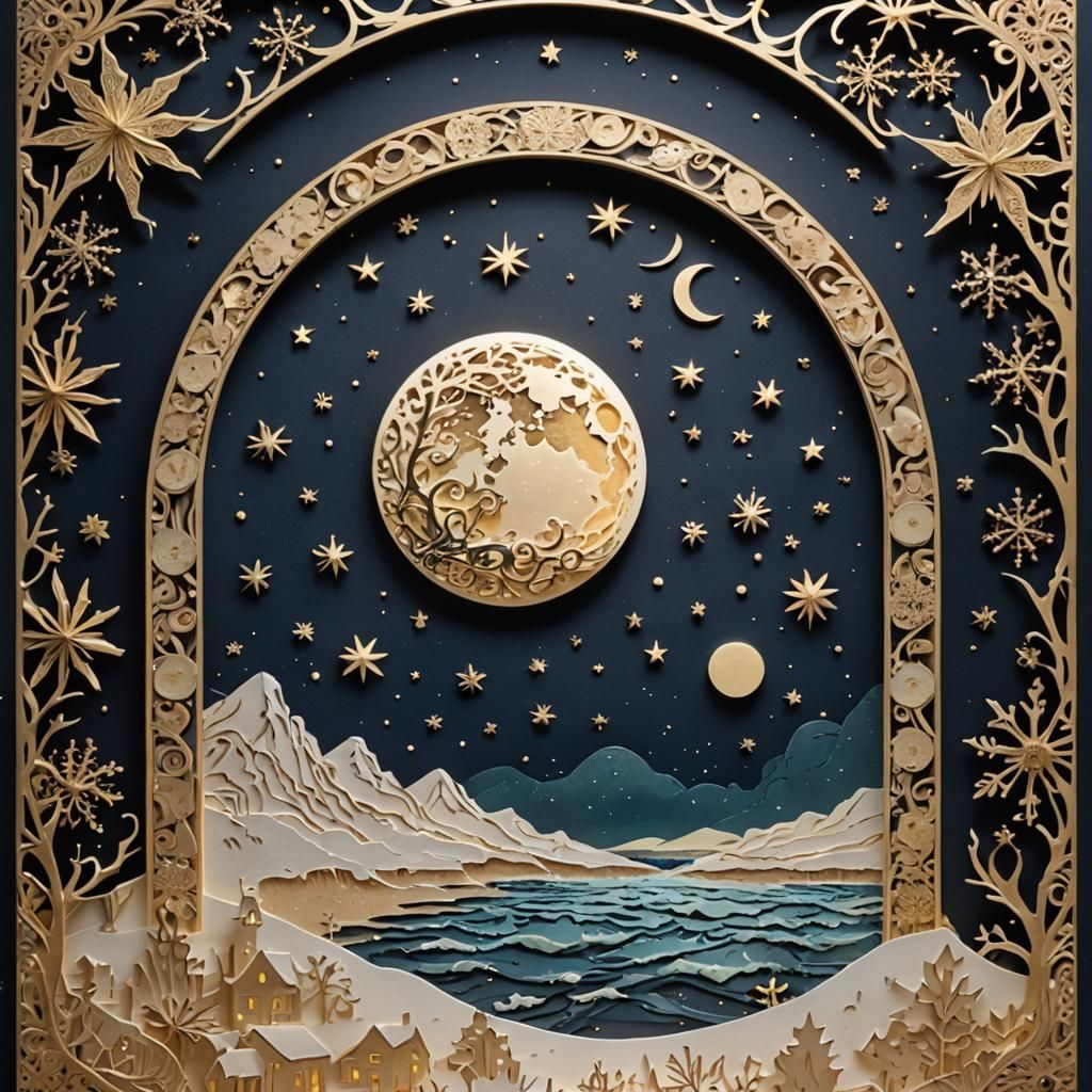 Ornate Moon in Starry Shadowbox: Digital Art