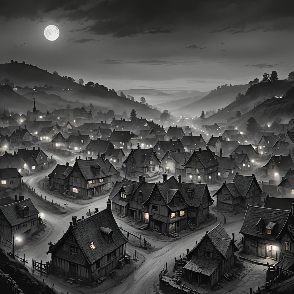 Eerie Nocturnal Village in Fog, Panoramic View