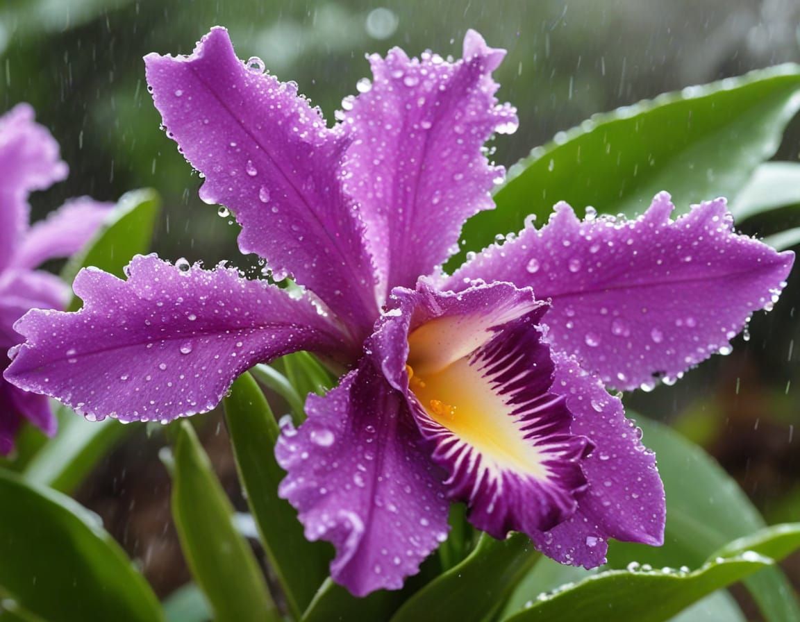 Tropical Raindrop Reflections on a Cattleya Flower