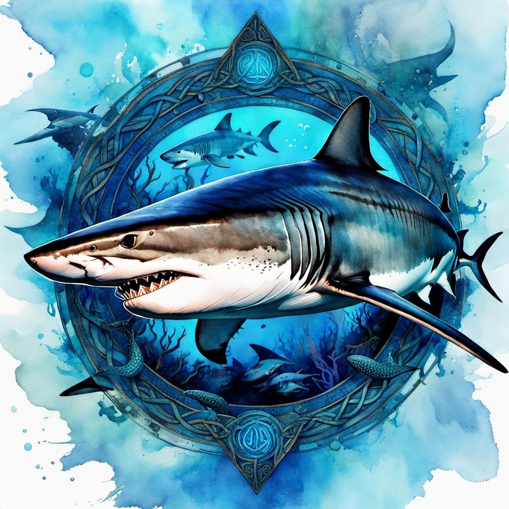Hellish Shark with Celtic Runes, Digital Watercolor