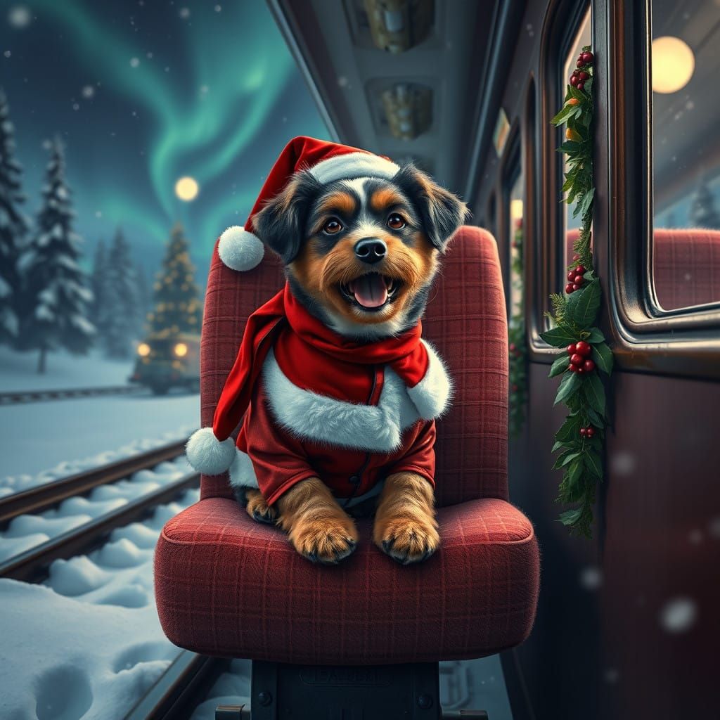 Adorable Dog in Santa Suit Riding a Whimsical Train