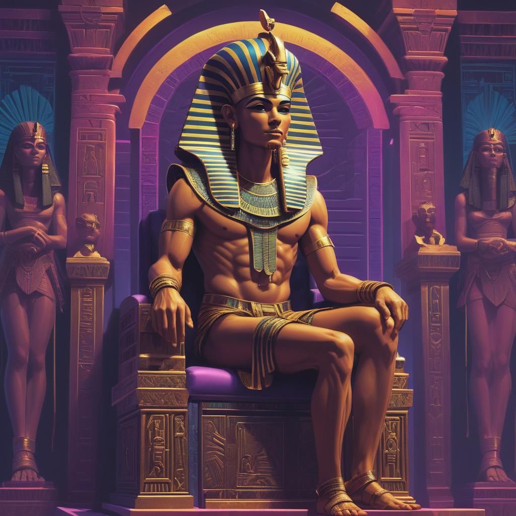 Egyptian Pharaoh on Throne in Synthwave Digital Art