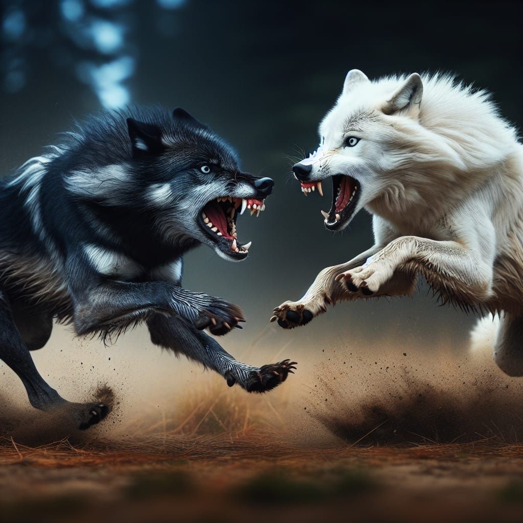 Black Wolf vs White Wolf in Wilderness Battle