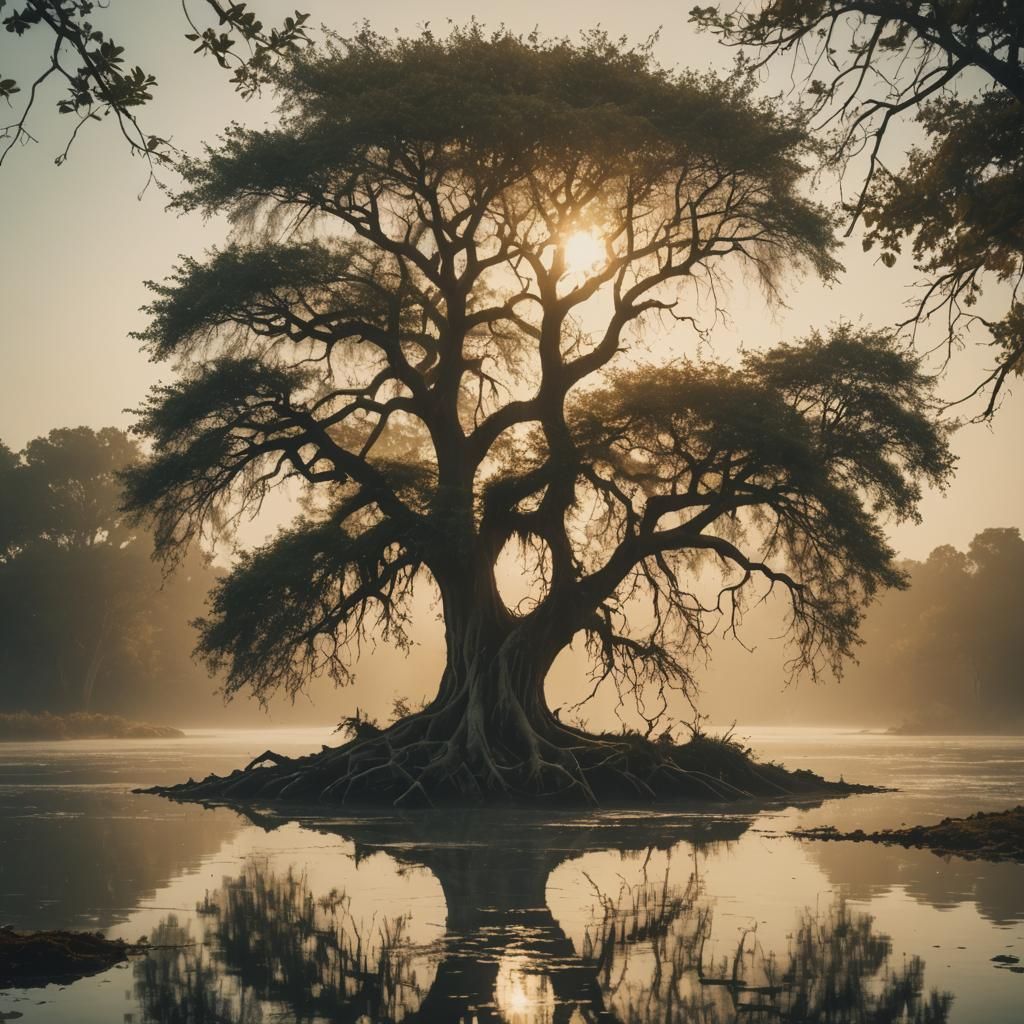 Mystical Tree in Lagoon at Golden Hour