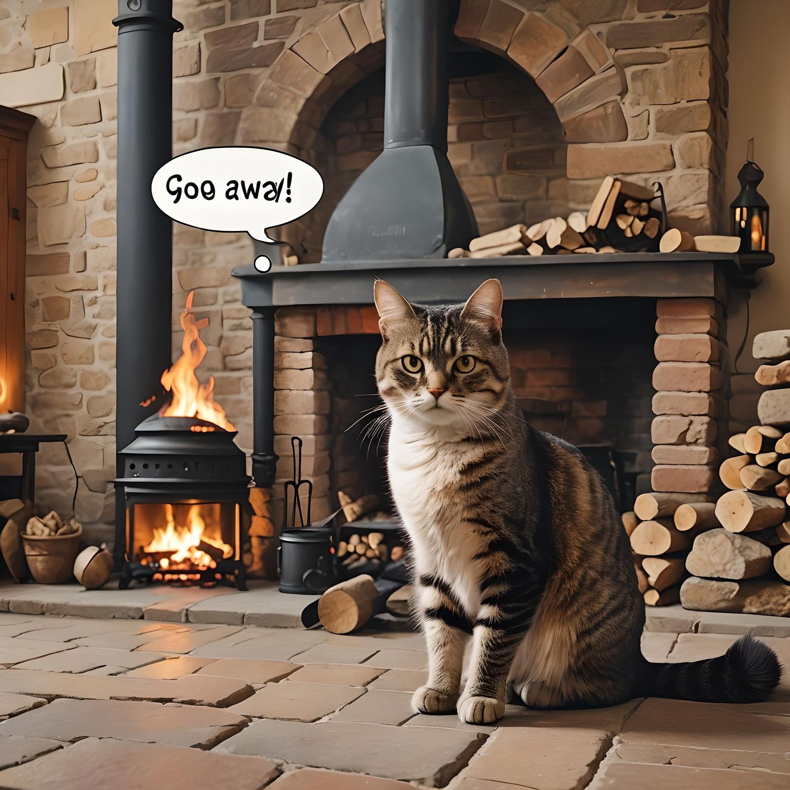 Cat by Fireplace with Speech Bubble