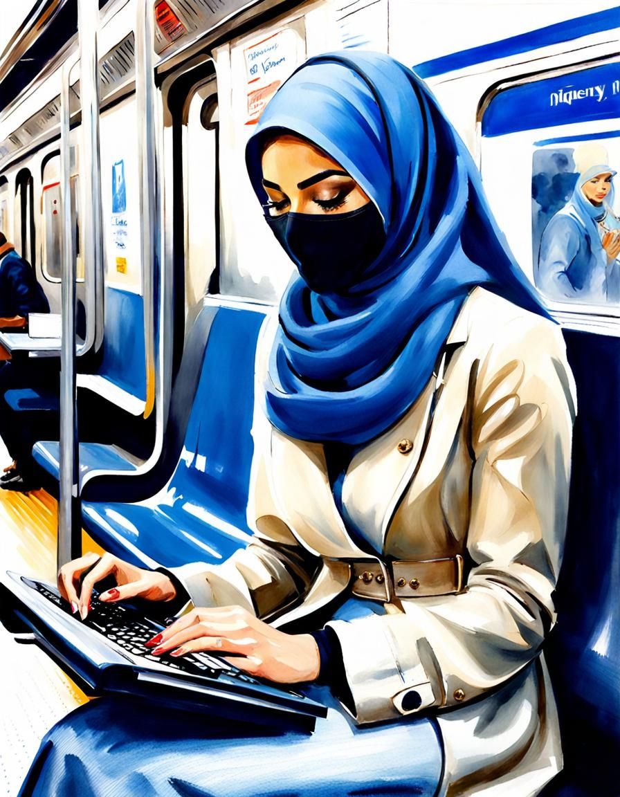 Watercolor Portrait of Woman in Niqab on Subway