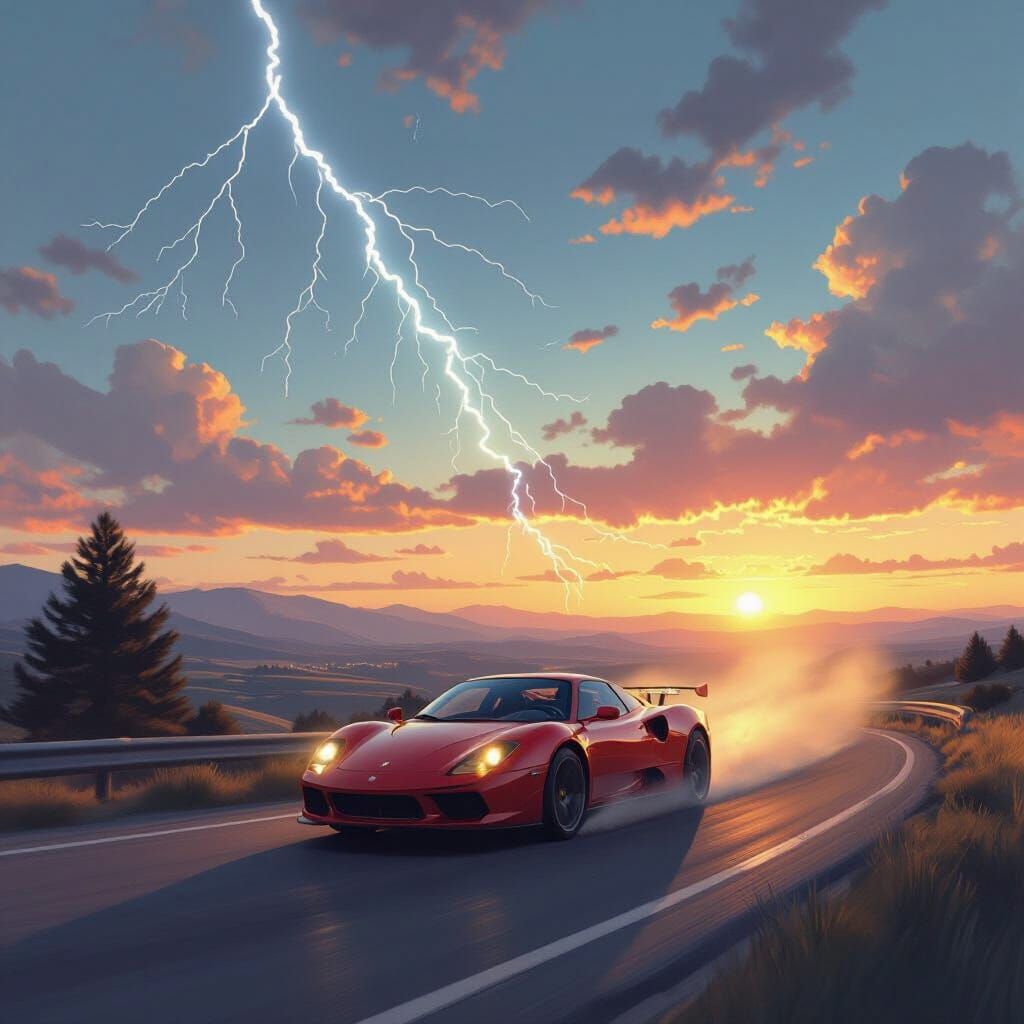 Red Sports Car Skids Off Road at Sunset