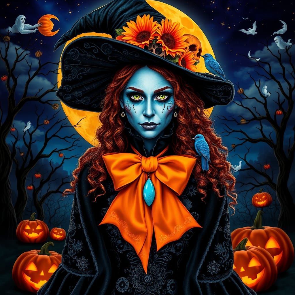 Mysterious Witch in Elaborate Fantasy Halloween Scene