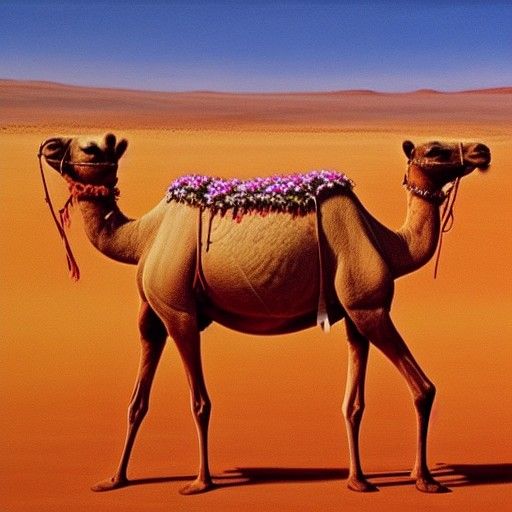 Camels Adorned with Flowers in Sahara Desert