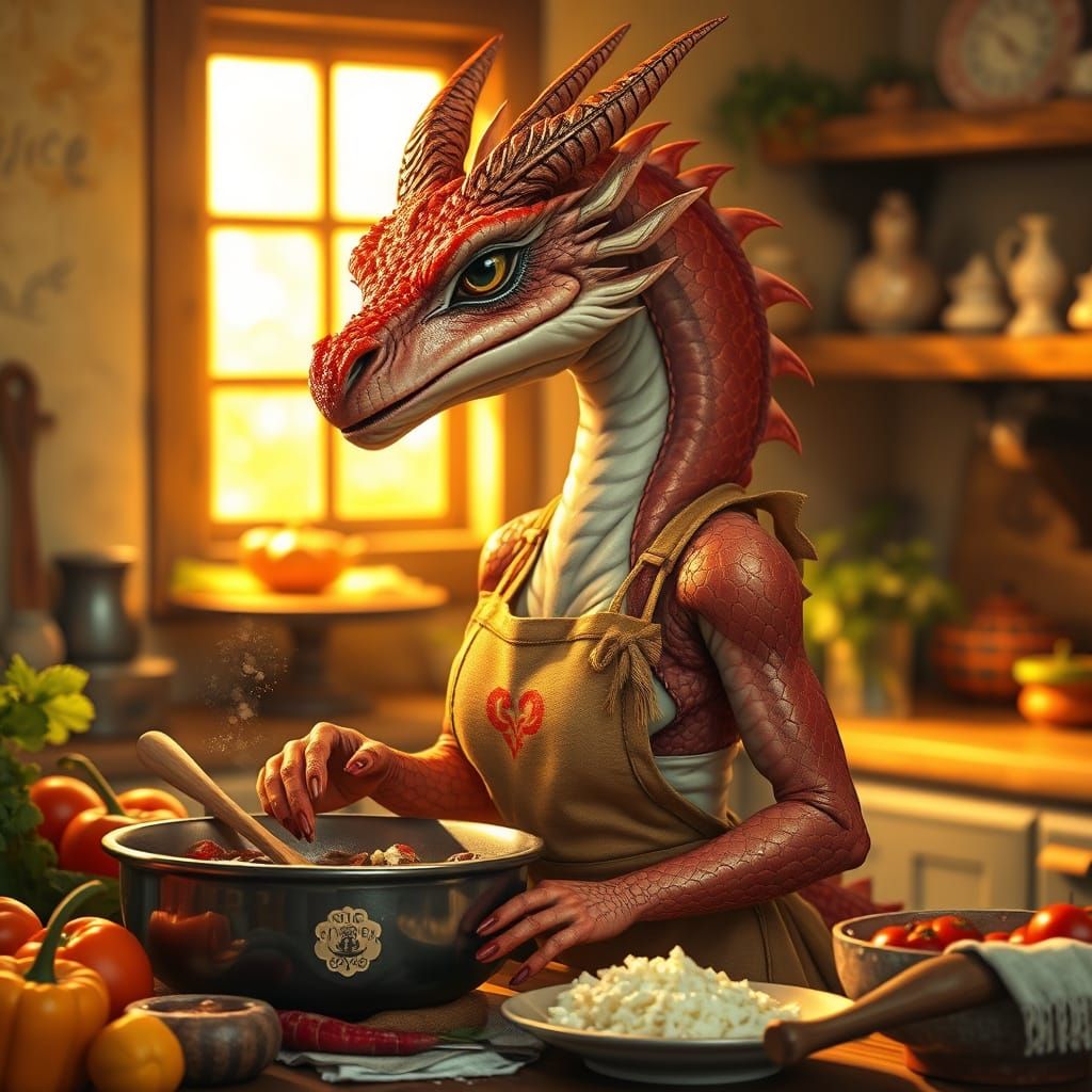 Feminine Dragon Tradwife Cooks Dinner in Cozy Kitchen