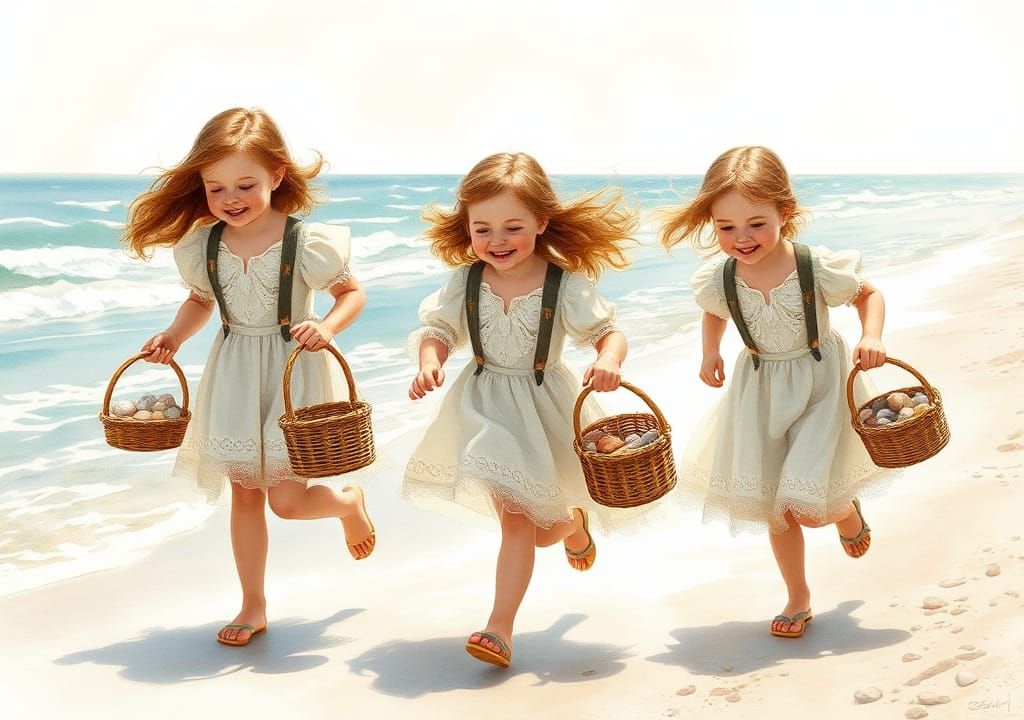 Children Collecting Shells on Beach, Watercolor Art Nouveau