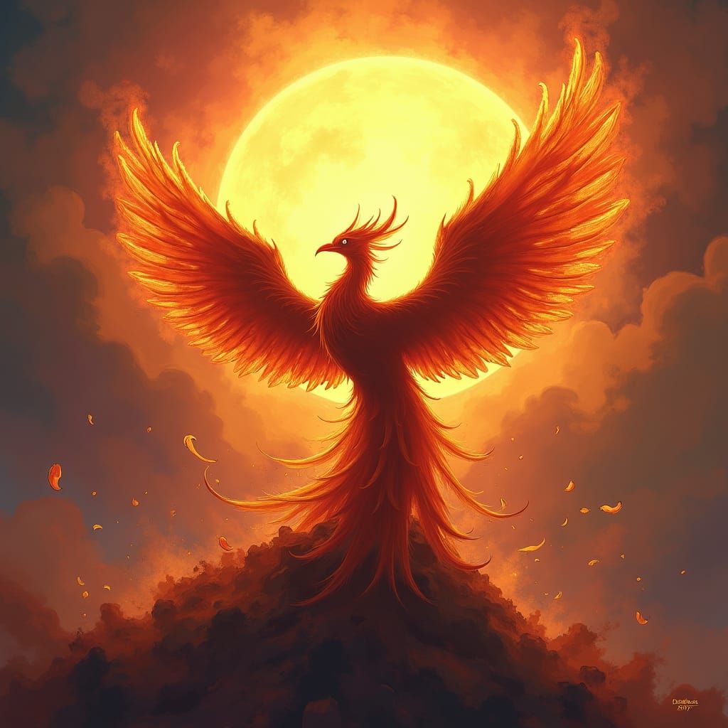 Majestic Phoenix Rising from Blazing Sun