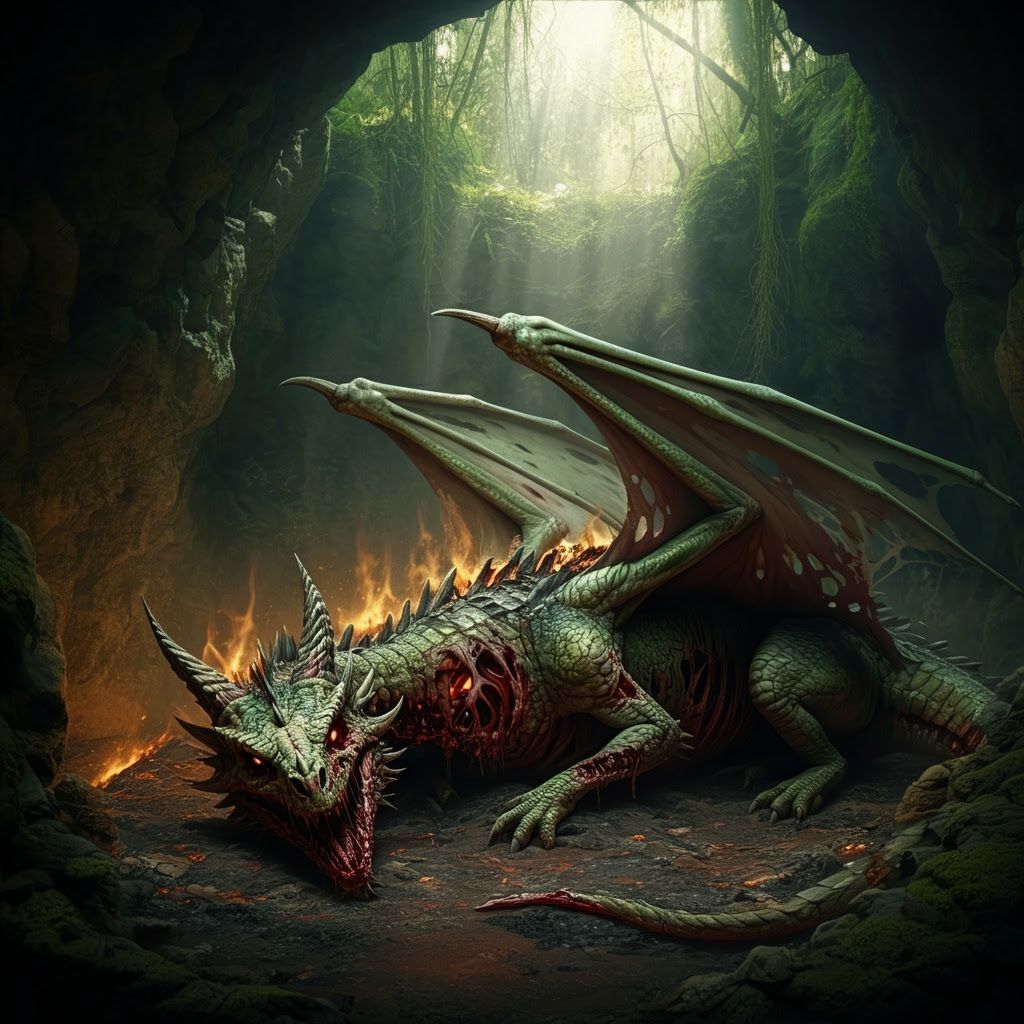 Zombie Dragon in Forest Cave, Digital Art