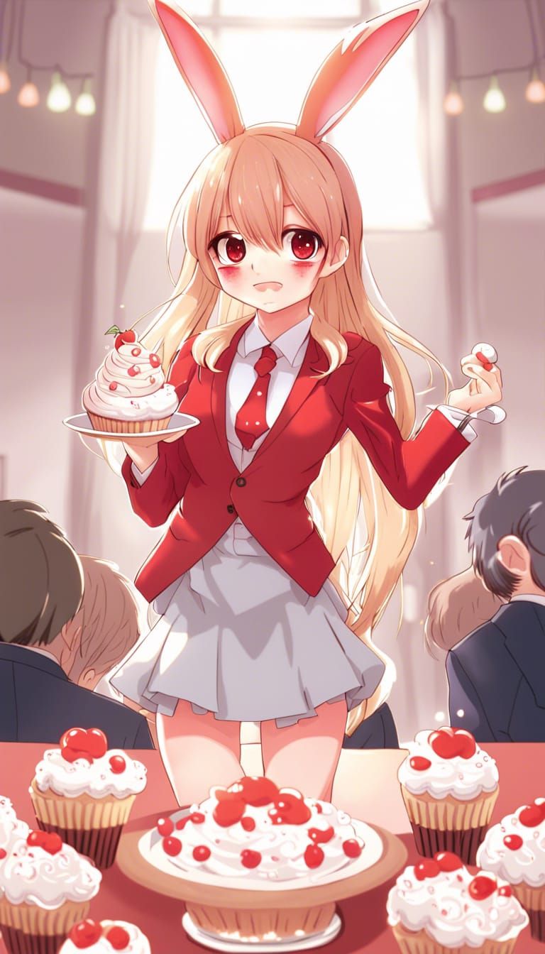 Anime Rabbit Girl Offers Cupcakes in Red Suit