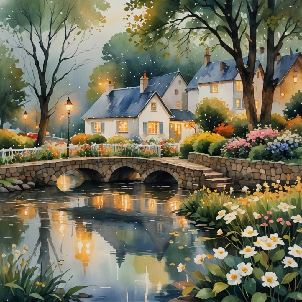 Impressionist Cottage Scene with Golden Lights