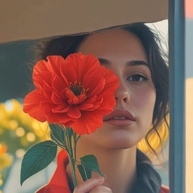 Close-Up Portrait Collage with Red Flower