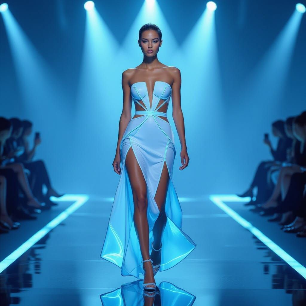 Futuristic Neon Glass Dress on Runway
