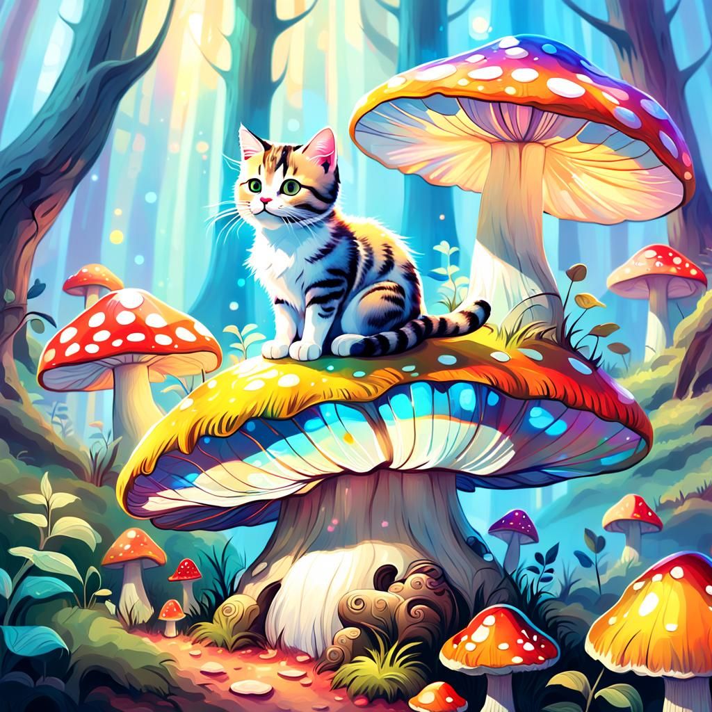 Cute Kitty in Mystical Forest, Art Nouveau Oil Painting