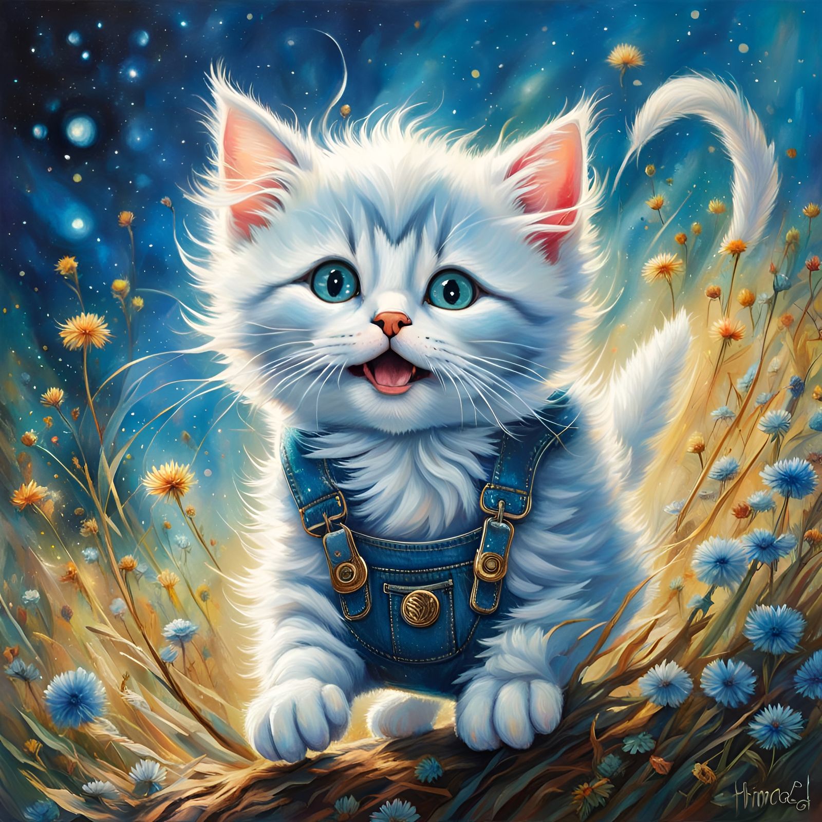 Joyful Blue Kitten Leaping in a Maximalist Digital Art