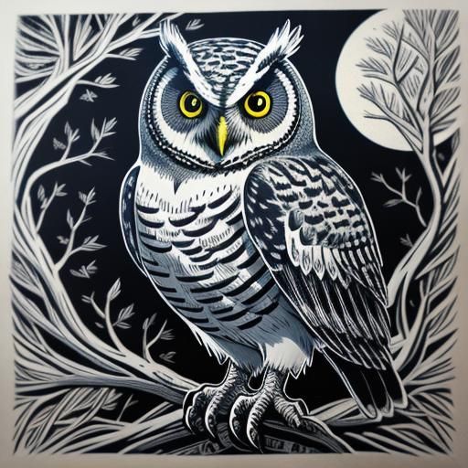 Detailed Charcoal Drawing of Owl in Moonlight
