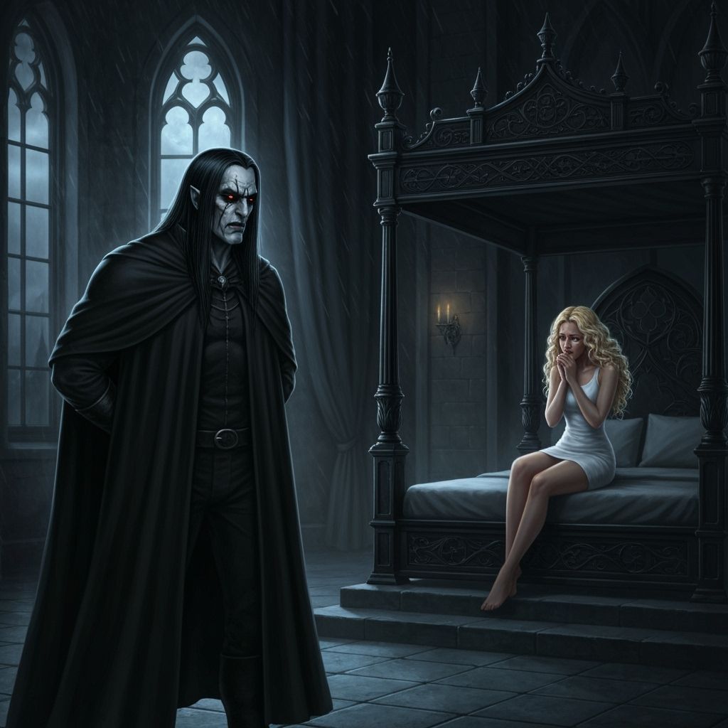 Dark Lord Confronts Weeping Woman in Gothic Castle