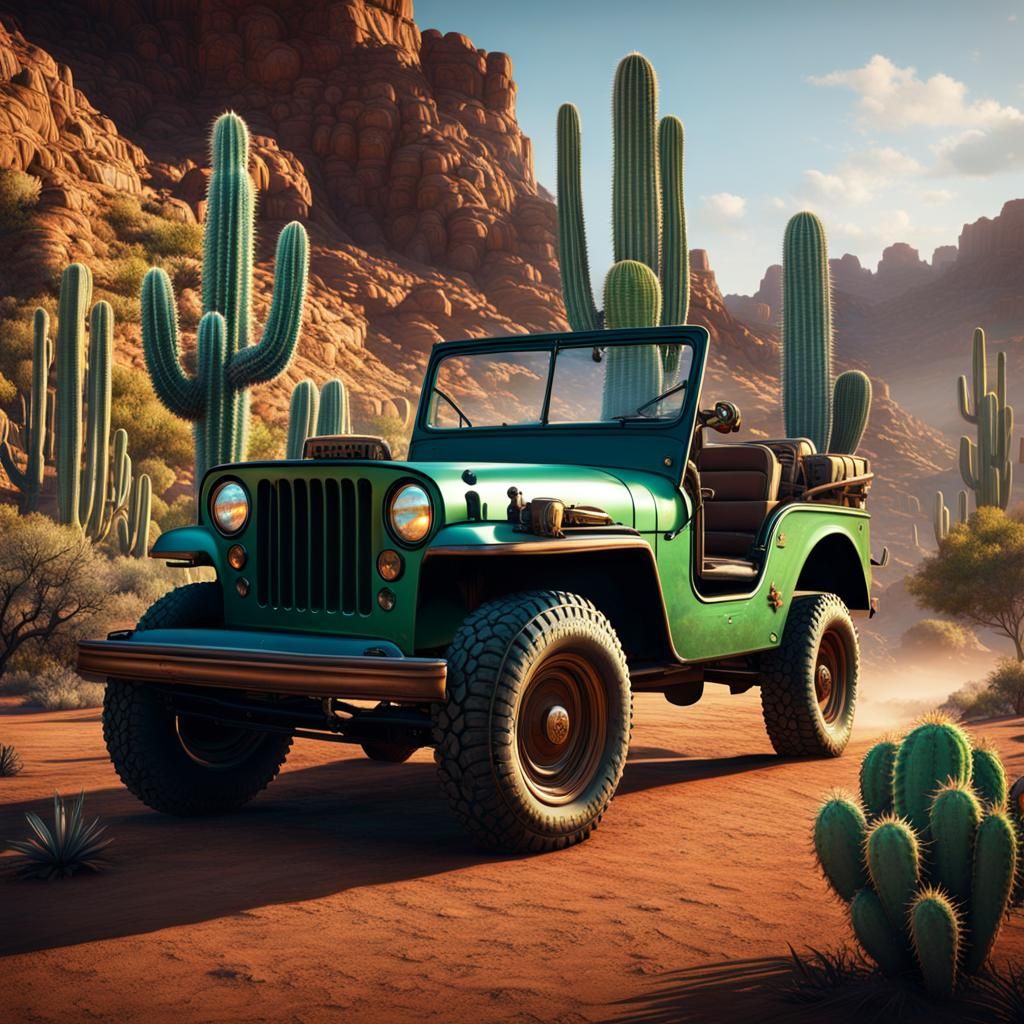Mexican Cactus Drives Jeep: Fantasy Concept Art