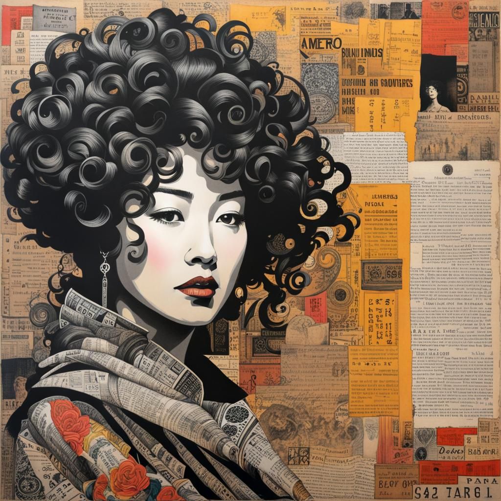 Chinese-American Woman Portrait in Charcoal Drawing Collage