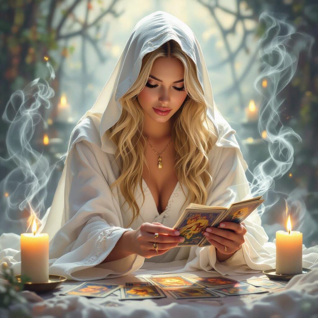 Blond Witch Tarot Reading in Kinkade Style