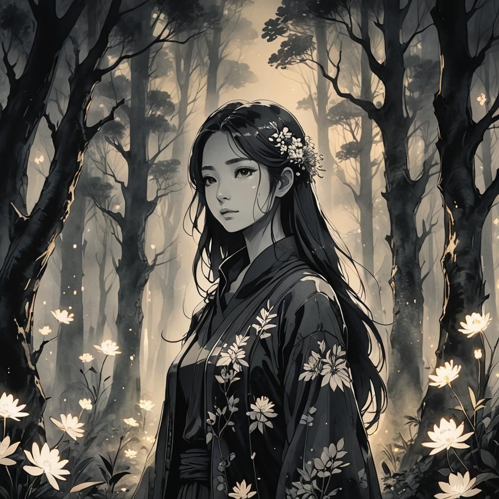 Anime Woman in Illuminated Forest Ink Wash Painting
