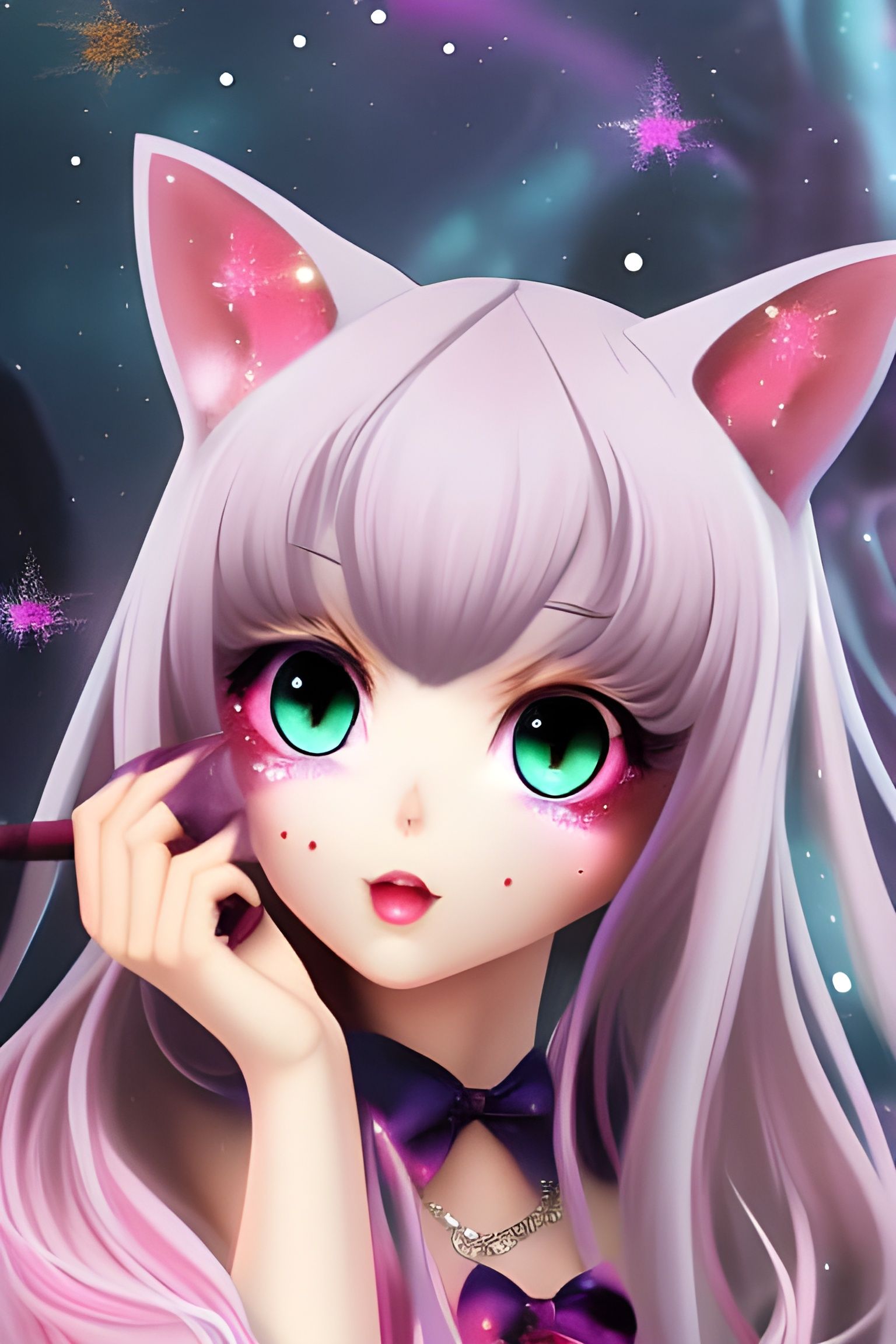 Cute Anime Cat Girl in Vaporwave Style
