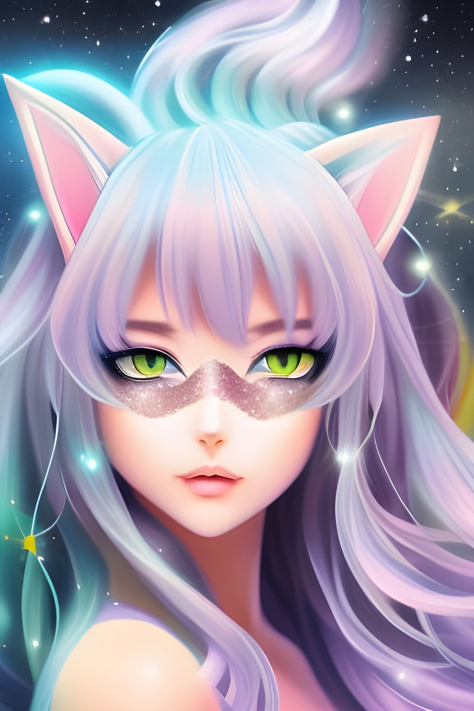 Anime Cat Girl Digital Painting in Vaporwave Style